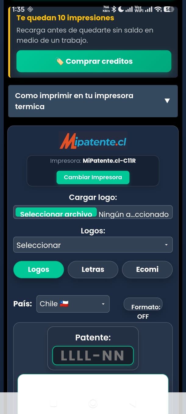 Vista general de la app junto a la impresora térmica