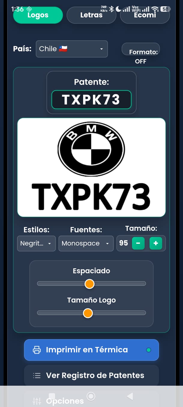 Pantalla de la app con la patente escrita, el logo de la marca y los controles de estilo, fuente y tamaño