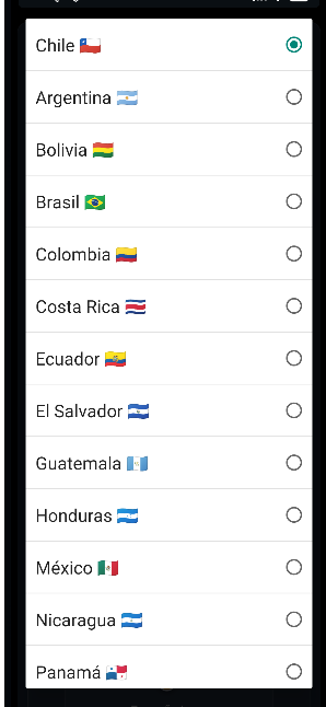 Selector de países en la app MiPatente: Chile, Argentina, Bolivia, Brasil, Colombia, Costa Rica, Ecuador, El Salvador, Guatemala, Honduras, México, Nicaragua, Panamá