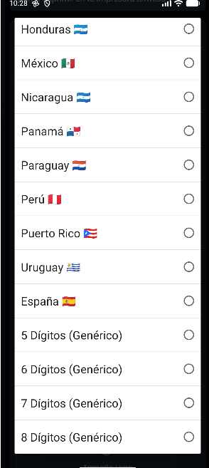 Selector de países en la app MiPatente: Panamá, Paraguay, Perú, Puerto Rico, Uruguay, España y formatos genéricos universales de 5, 6, 7 y 8 dígitos