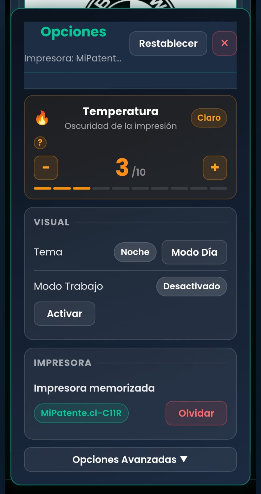 Control de temperatura de impresión con su escala del 1 al 10